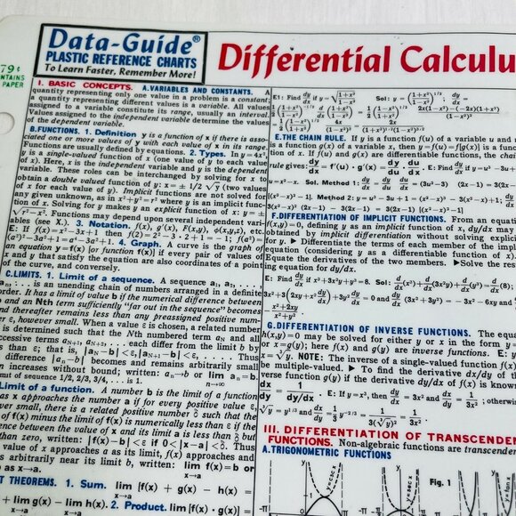 Vintage Differential Calculous Data Cheat Sheet Guide Plastic Reference Chart u - Picture 2 of 3